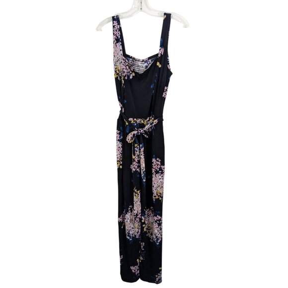 Maurices Womens Tank Top Jumpsuit Size Large Black Floral Smocked Back Belted - Picture 2 of 7